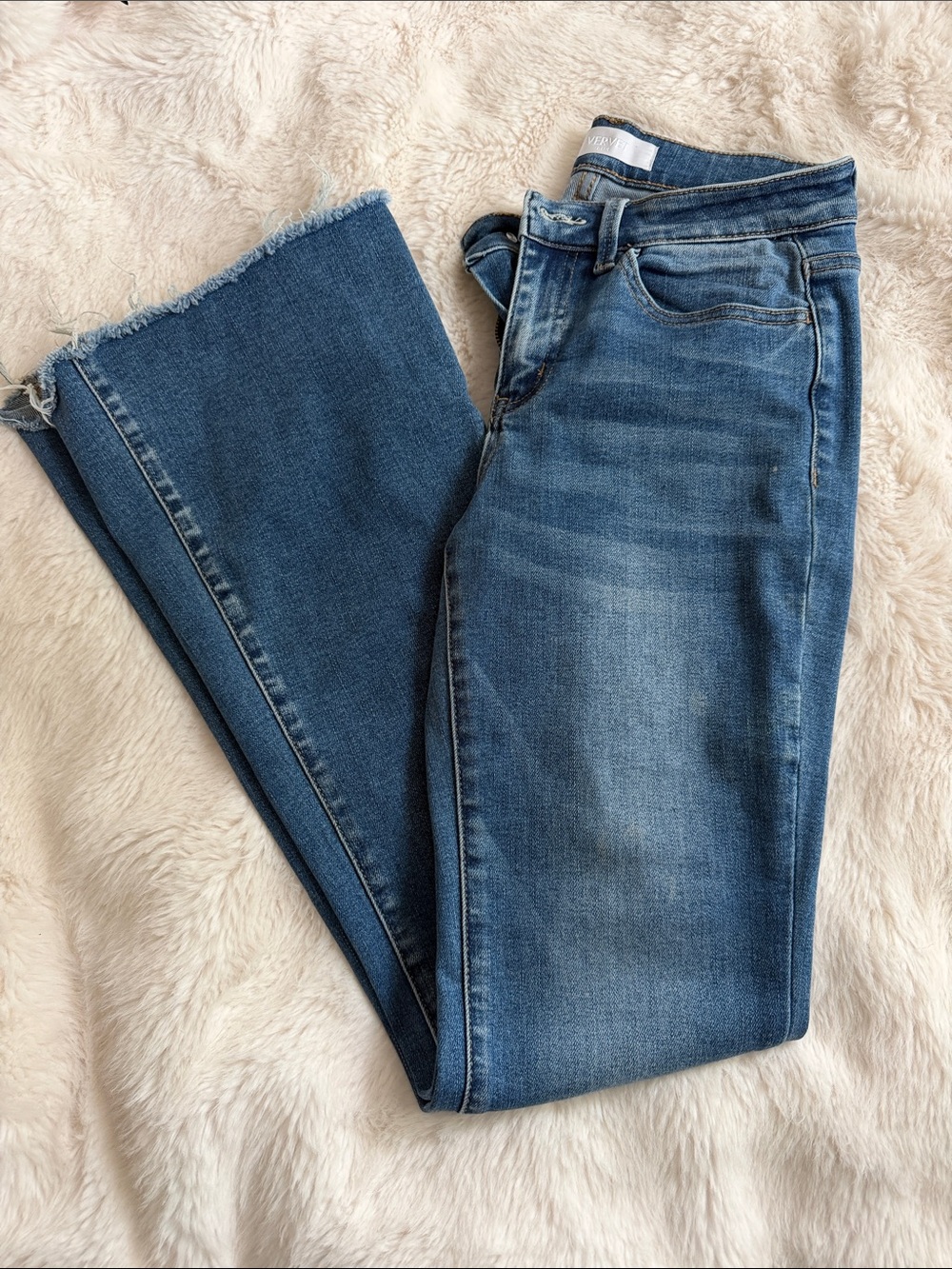 Women's Mid-Blue Flare Jeans with Raw Hem